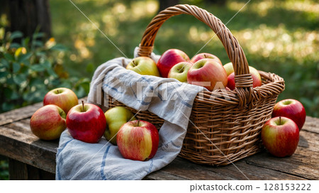 A basket of apples is on a table with a blue cloth underneath. The apples are red and green, and there are many of them. The basket is woven and looks like it's been used for a while 128153222