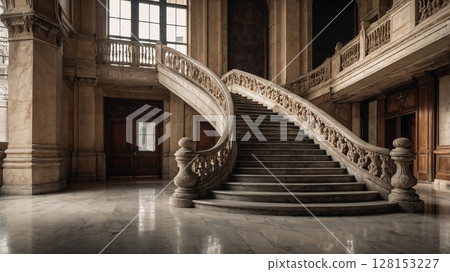 Grand staircase interior with polished marble flooring. Historic architecture with natural stone elements. Grand staircase interior with polished marble flooring. Historic architecture with natural stone elements. 128153227