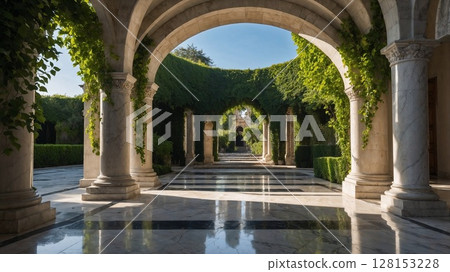 A large archway with vines growing out of it. The archway is surrounded by a garden with many plants and trees. The archway is made of marble and the ground is tiled. The archway is open and inviting A large archway with vines growing out of it. The archway is surrounded by a garden with many plants and trees. The archway is made of marble and the ground is tiled. The archway is open and inviting 128153228
