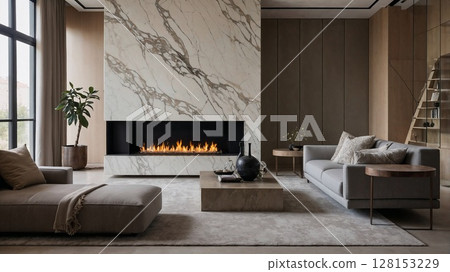 A living room with a fireplace and a couch. The fireplace is lit and the room has a cozy atmosphere 128153229