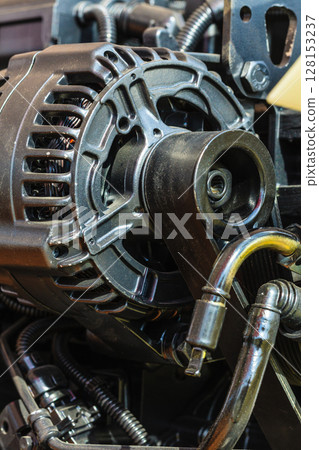 Detailed closeup of alternator generator machine engine 128153237