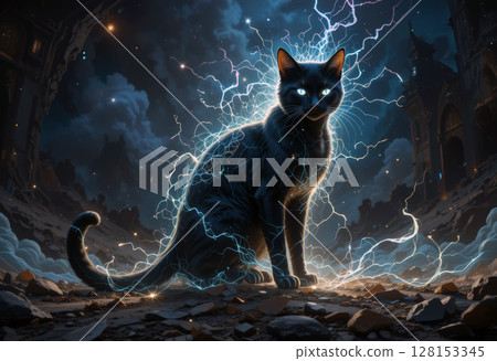 Mystical Black Cat Surrounded by Electric Energy in a Dark Dramatic Setting. 128153345