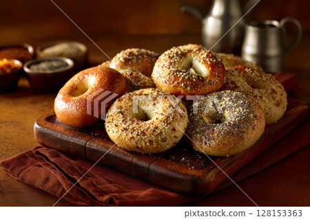 Assorted Freshly Baked Bagels Served on a Rustic Wooden Tray. 128153363