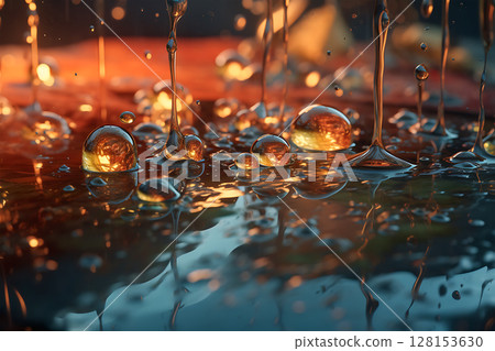 Close-up of a fantastic orange sparkling water droplet 128153630