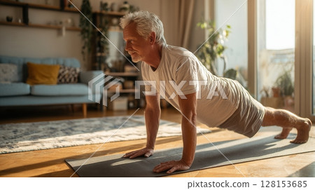 Elderly man practicing yoga at home, demonstrating various poses on a mat. 128153685
