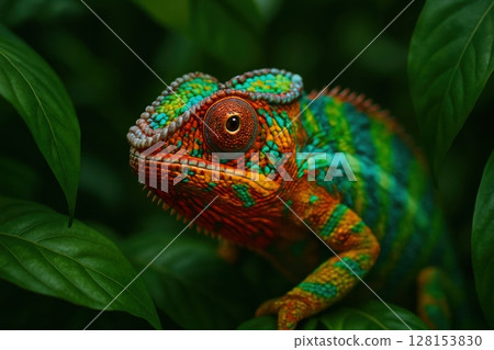 green chameleon, lizard, green leaves, lizard, green, green, green leaves, selective 128153830