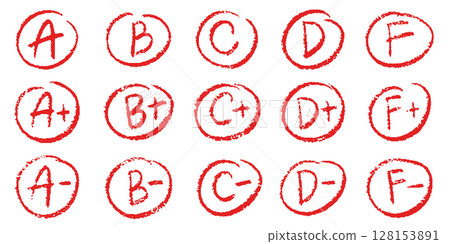 English exam grade mark set. Crayon examination. Circle grade score symbol. School teacher test. Vector handwritten scribble re English exam grade mark set. Crayon examination. Circle grade score symbol. School teacher test. Vector handwritten scribble re 128153891