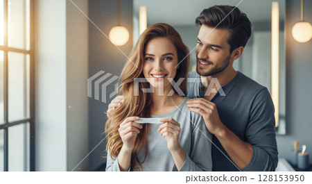 A couple looking at a pregnancy test together, sharing a joyful and emotional moment. The concept of partnership, new life, and the beginning of parenthood. Generative AI. 128153950