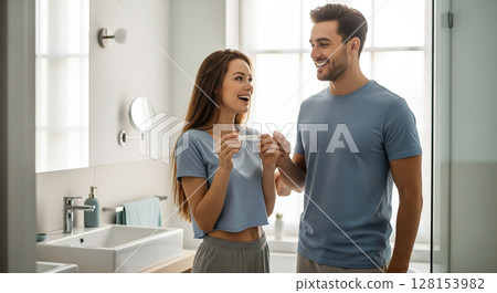 A couple looking at a pregnancy test together, sharing a joyful and emotional moment. The concept of partnership, new life, and the beginning of parenthood. Generative AI. A couple looking at a pregnancy test together, sharing a joyful and emotional moment. The concept of partnership, new life, and the beginning of parenthood. Generative AI. 128153982
