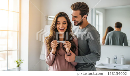 A couple looking at a pregnancy test together, sharing a joyful and emotional moment. The concept of partnership, new life, and the beginning of parenthood. Generative AI. 128154002