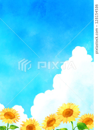 Sunflowers, cumulonimbus clouds and blue sky watercolor painting 128154586