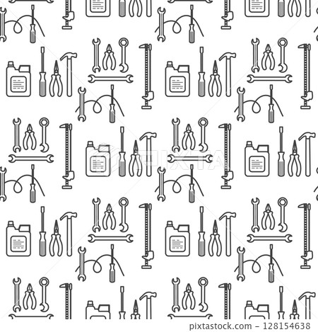 Seamless pattern of construction tools and containers in outline style for backgrounds 128154638