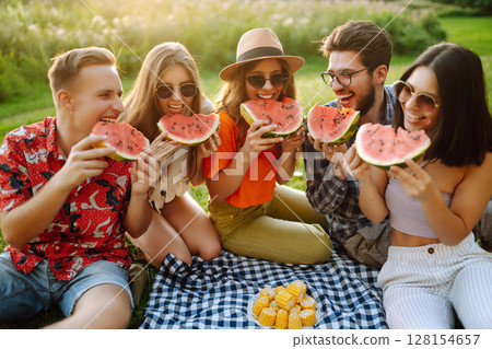 Group of people gathered in garden for picnic. Friends have fun and drink beer. Picnic, friendship. 128154657
