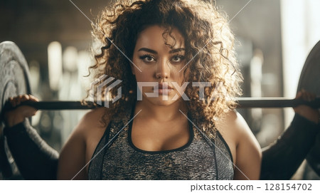 Confident plus-size woman lifting weights and exercising in a gym setting. 128154702