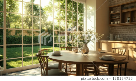 sunlit dining room with garden view 128154733