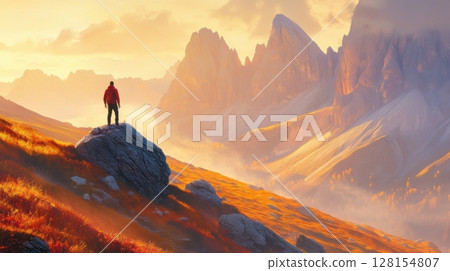 majestic mountain sunrise hiker 128154807