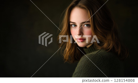 portrait of a young woman with green eyes 128154808