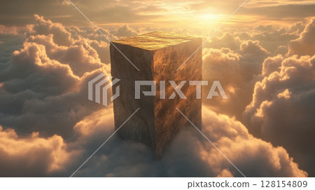 golden cube in heavenly cloudscape at sunset 128154809