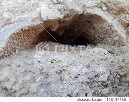 Sandy Cave with Textured Walls and Rough Geological Formations in Natural Light Sandy Cave with Textured Walls and Rough Geological Formations in Natural Light 128154886