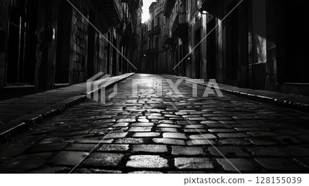dark cobblestone alleyway 128155039