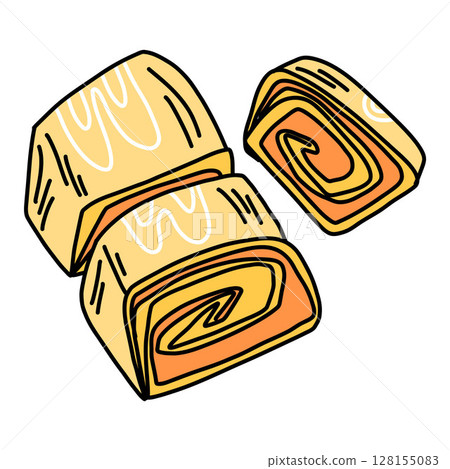 Stylized egg roll for breakfast, yellow roll cut into pieces with orange filling Stylized egg roll for breakfast, yellow roll cut into pieces with orange filling 128155083