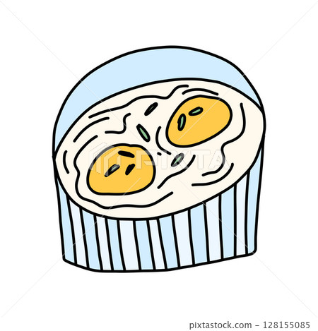 Baked eggs with yolks in ramekin, doodle illustration with bowl for breakfast Baked eggs with yolks in ramekin, doodle illustration with bowl for breakfast 128155085
