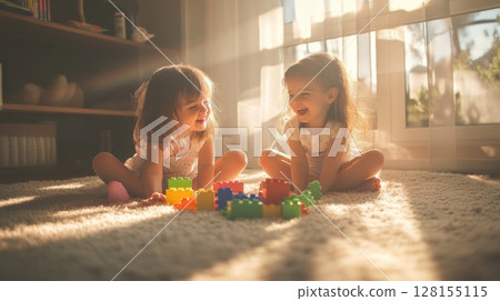 happy children playing with colorful blocks on a sunny day 128155115