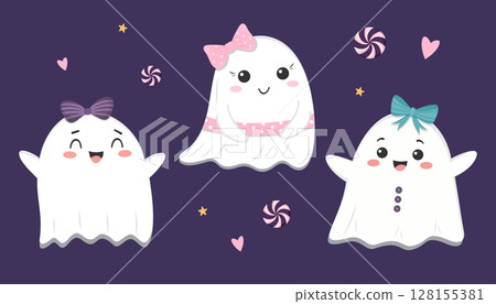 Three adorable girl ghosts with bows and smiling faces on a dark background with candy, stars, and hearts, Halloween fun 128155381