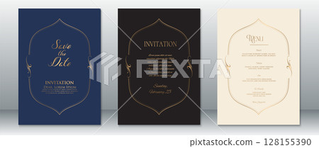 Luxury Wedding Invitation and Menu Set with Gold Frame on Navy, Dark Brown, and Cream Backgrounds 128155390