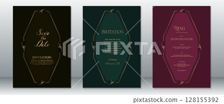 Modern Geometric Wedding Invitation and Menu Cards with Gold Frame Modern Geometric Wedding Invitation and Menu Cards with Gold Frame 128155392