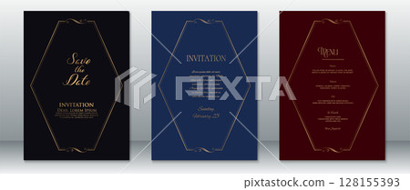 Minimal Hexagon Wedding Invitation and Menu Set with Gold Lines Minimal Hexagon Wedding Invitation and Menu Set with Gold Lines 128155393