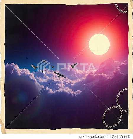 Vintage grunge background featuring birds flying above the night clouds. 128155558