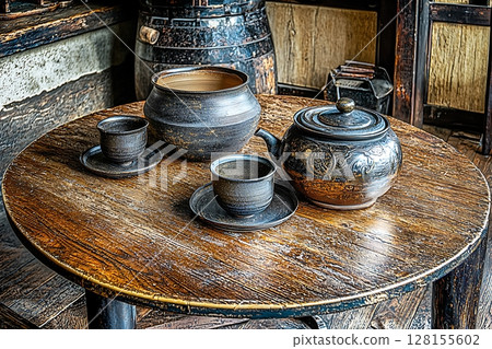 Rustic Japanese Tea Set on Antique Wooden Table. A captivating image showcasing traditional Japanese pottery and a weathered wooden table. 128155602