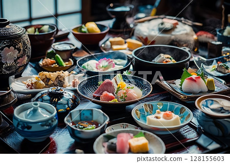 A Lavish Japanese Kaiseki Dinner Exquisite Cuisine and Traditional Table Setting. 128155603
