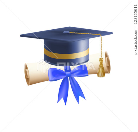 3d diploma scroll with graduate hat. Vintage roll paper 128155611