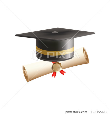 3d diploma scroll with graduate hat. Vintage roll paper 128155612