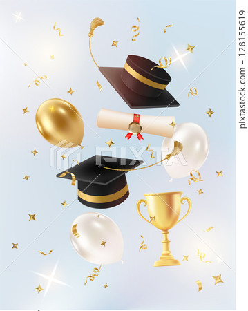 3d flying diploma scroll and graduate hat poster 128155619