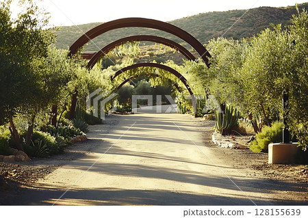Serene Pathway Archway Landscape with Lush Greenery. Serene Pathway Archway Landscape with Lush Greenery. 128155639