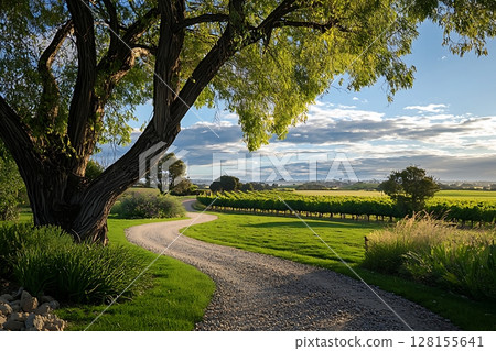 Serene Vineyard Landscape A Winding Gravel Road Leads Through Lush Green Fields and Vineyards Under a Blue Sky. Serene Vineyard Landscape A Winding Gravel Road Leads Through Lush Green Fields and Vineyards Under a Blue Sky. 128155641