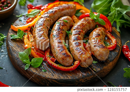 Grilled Sausages with Roasted Peppers and Basil on Rustic Wooden Board.  128155757