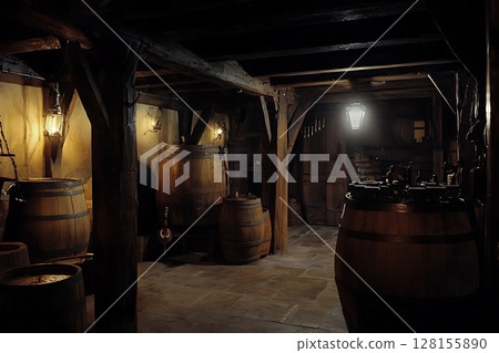 Old Wooden Barrels in a dimly lit Cellar.  128155890