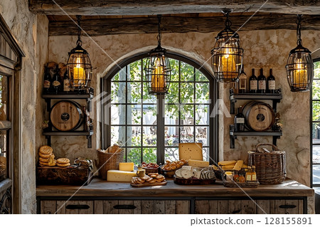 Rustic Country Kitchen Window Display with Cheese, Bread, and Wine. 128155891