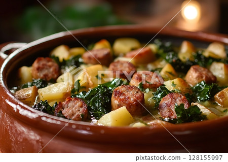 Hearty Sausage and Potato Stew with Kale in a Rustic Bowl.  128155997