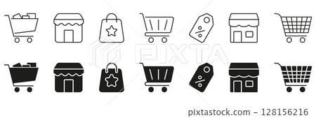 Shopping And Retail Icon Set. E-Commerce, Online Shopping, And Discount Symbol Collection. Shopping Cart, Storefront, Bag, And Price Tag Icons. Isolated Vector Illustration 128156216