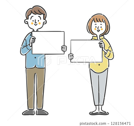 Young men and women holding boards, full body vector 128156471