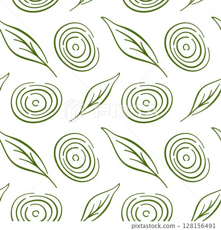 Seamless pattern with line art style onion ring and herb leaf on white background. Perfect for kitchen, textile, food packaging,, wallpaper and healthy cooking design. Seamless pattern with line art style onion ring and herb leaf on white background. Perfect for kitchen, textile, food packaging,, wallpaper and healthy cooking design. 128156491