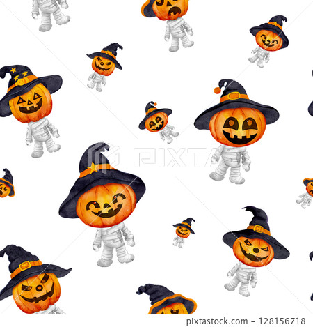Playful Halloween seamless pattern featuring a smiling zombie pumpkin wearing a witch hat, painted in cheerful watercolor style. Perfect for kids, party decorations, wrapping and festive designs Playful Halloween seamless pattern featuring a smiling zombie pumpkin wearing a witch hat, painted in cheerful watercolor style. Perfect for kids, party decorations, wrapping and festive designs 128156718