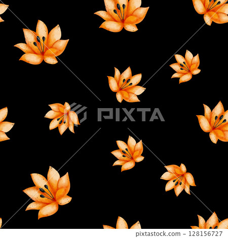 Seamless pattern featuring Abstract watercolor orange flowers on a black background. Botanical illustration of bright colors. 128156727