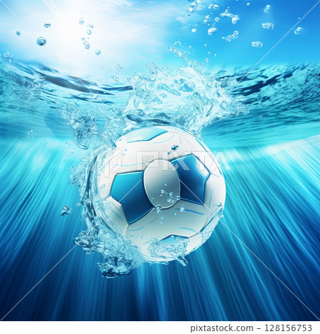 Water Polo Ball Splashing in Blue Water. Underwater Sports and Leisure Adventure, Activity 128156753