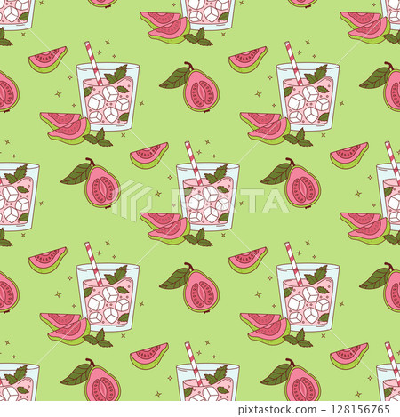 Seamless Pattern Guava Drink Cocktail with tropical Pink slices, ice cubes and Mint on Green Background. Vector illustration. Summer Fruit Pink Refreshing Cocktail with straw 128156765